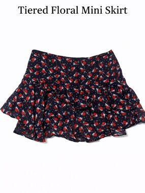 Topshop Black Mini Skirt with Red Floral Print